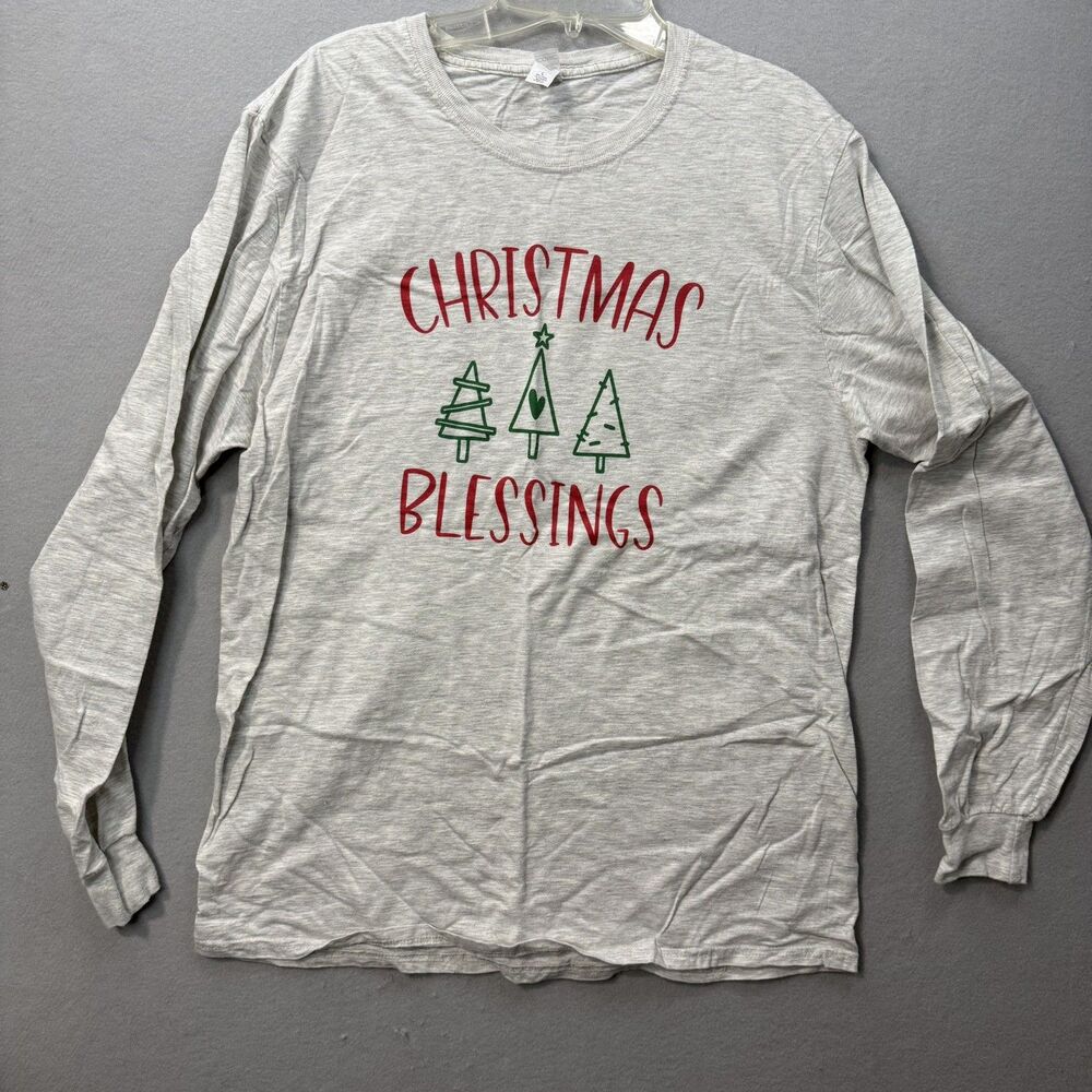 Christmas Blessings Shirt Womens Size Large L Heather Gray Long Sleeve Holiday